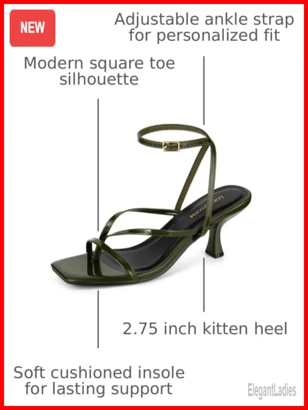 Strappy Thong Kitten Heel Sandals Square Toe Faux Leather Adjustable Ankle Strap